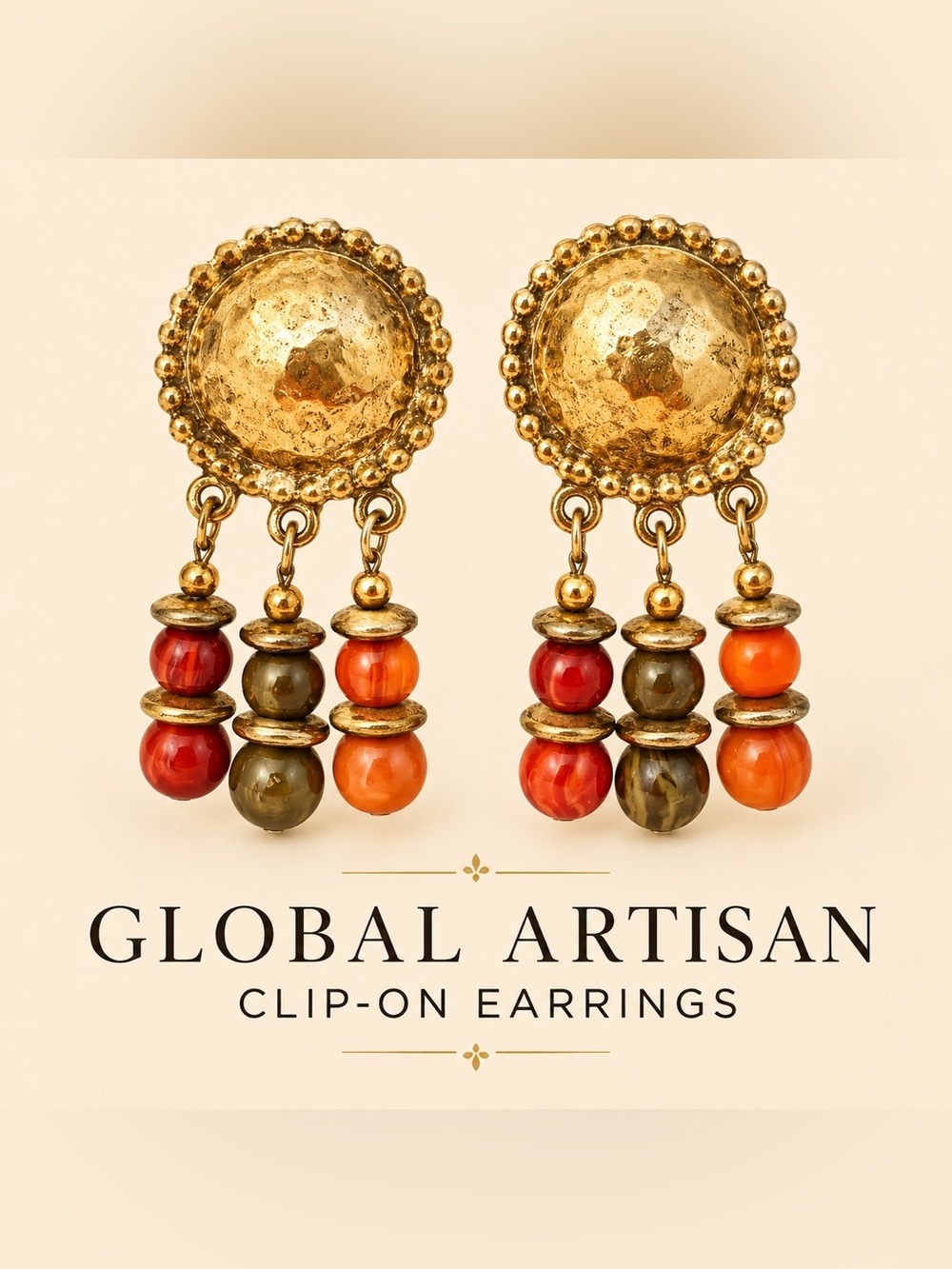 Artisan Beaded Clip On Earrings Tribal Boho Statement Dangle Earrings